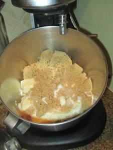 In a mixing bowl, add 11/2 cups white sugar, 1 1/2 cups brown sugar and 4 sticks of slightly soft butter.