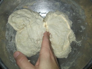 Using your hand ( HELPFUL HINT:Get your hand wet first) divide the dough into two, right down the middle.