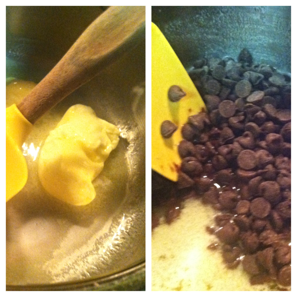 step 1. melt one stick of butter over med heat. step2. add one cup of chocolate HELPFUL HINT:you can use chocolate chips!