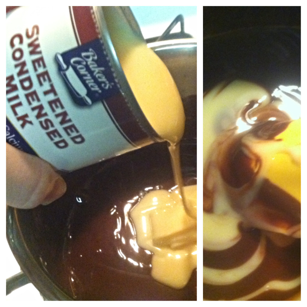 Add one can of sweetened condensed milk, stir until fully incorporated.