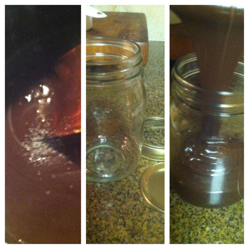 Remove from heat, add a pinch of Kosher salt, pour into jar of your choice (the one shown is a mason jar)