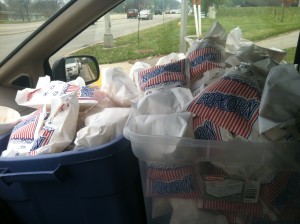 93 bags of popcorn!!  It smelled so good in the car!  