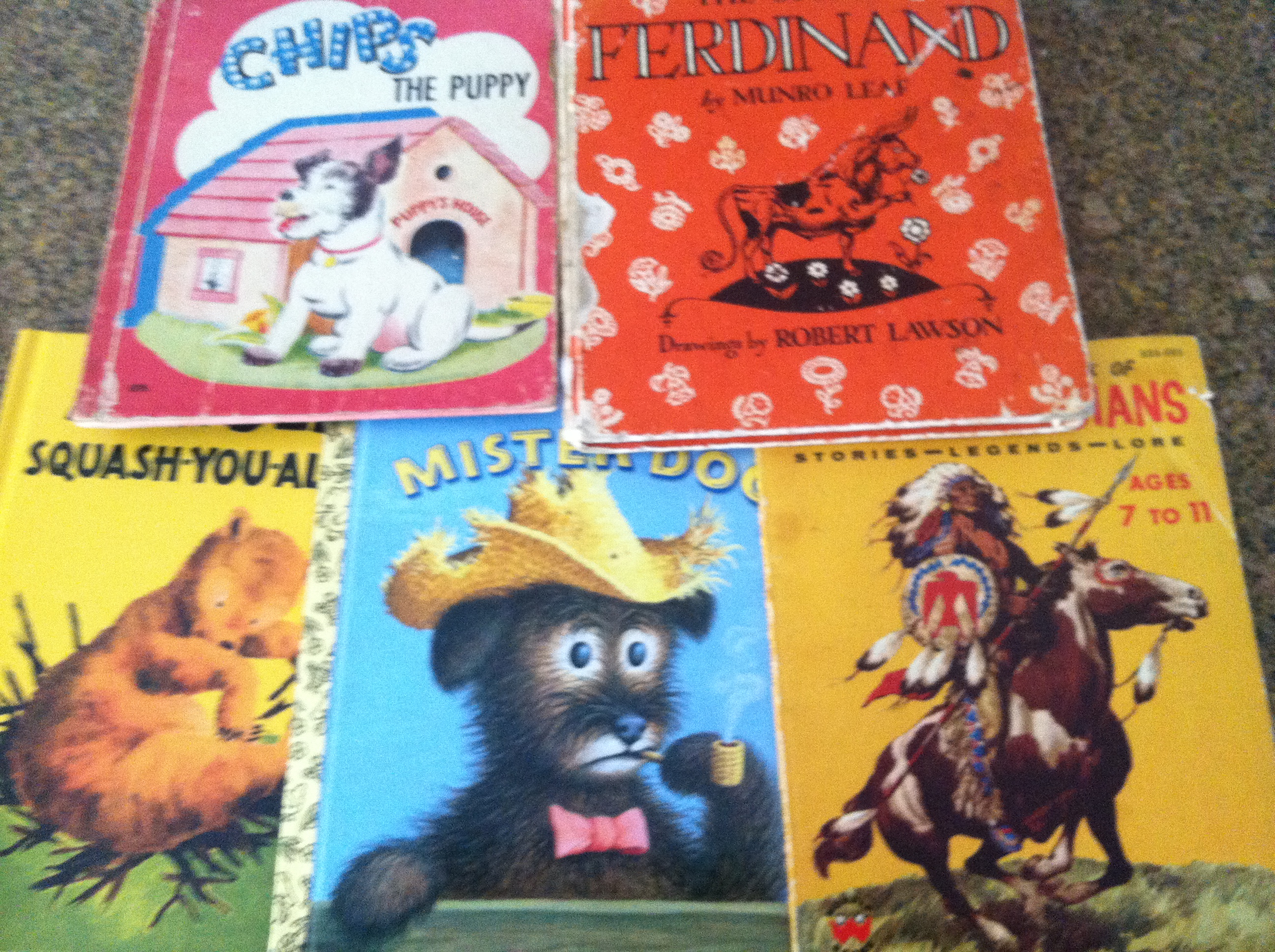 These books!  My dad came over to watch the kids for a little bit and he brought these books.  First off, what a great grandpa to watch lots of little ones, secondly, he brought books!  Some of these books I remember him reading to me as a little girl... Ferniand the bull and Mister dog are my favorites of all time  I am so very grateful for my dad.  Words can not express how much I love him.