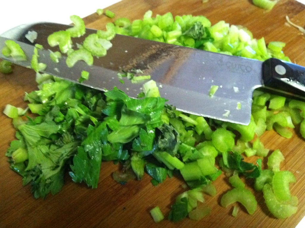Chop one stalk of celery, ( 1/4 cup) I use the whole stalk including the leaves!  