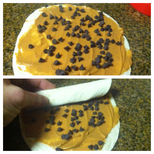 Sprinkle mini chocolate chips over peanut butter, yes mini are important!  Roll It up! 