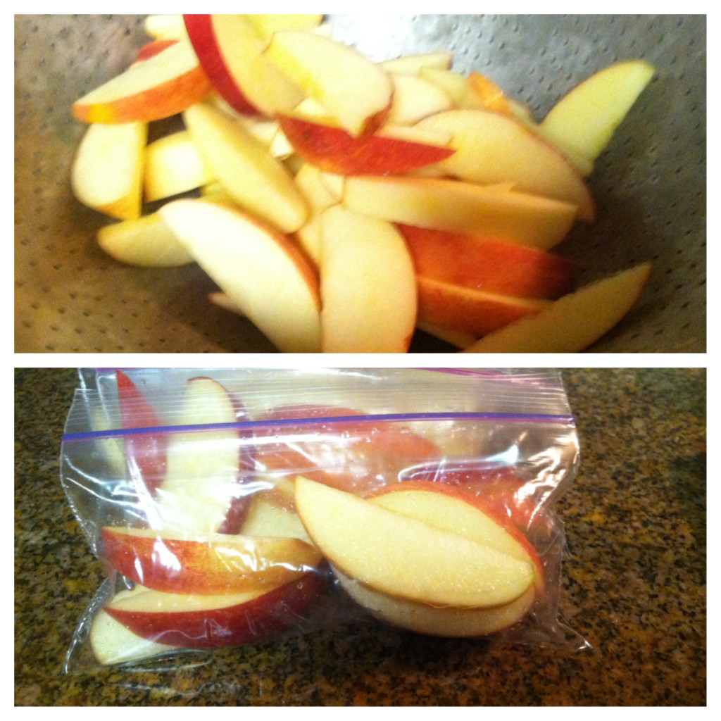  After they have drained, put them in zip lock bags. I love the snack size for apples, they are perfect! Store the apples in the fridge! ENJOY!