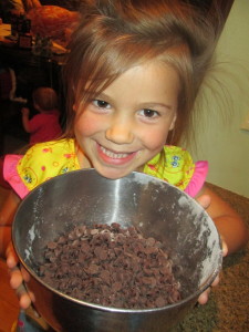 Add in Four cups of semi sweet chocolate cookies.  It is even better if you have a very cute Lucy to help you!