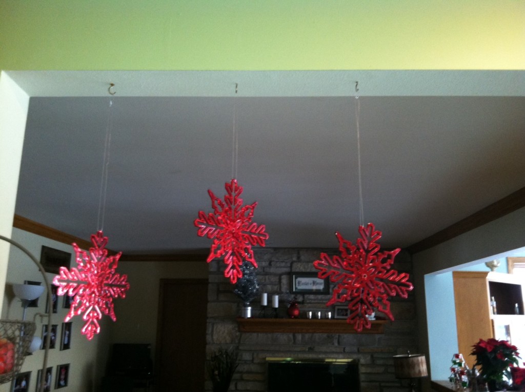 Three simple snowflakes hung with fishing line. Again, I like sets of odd numbers, These were also from the dollar store!